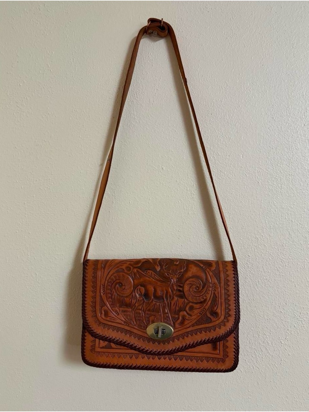 Vintage Western Hand-Tooled Brown Leather Crossbody Purse